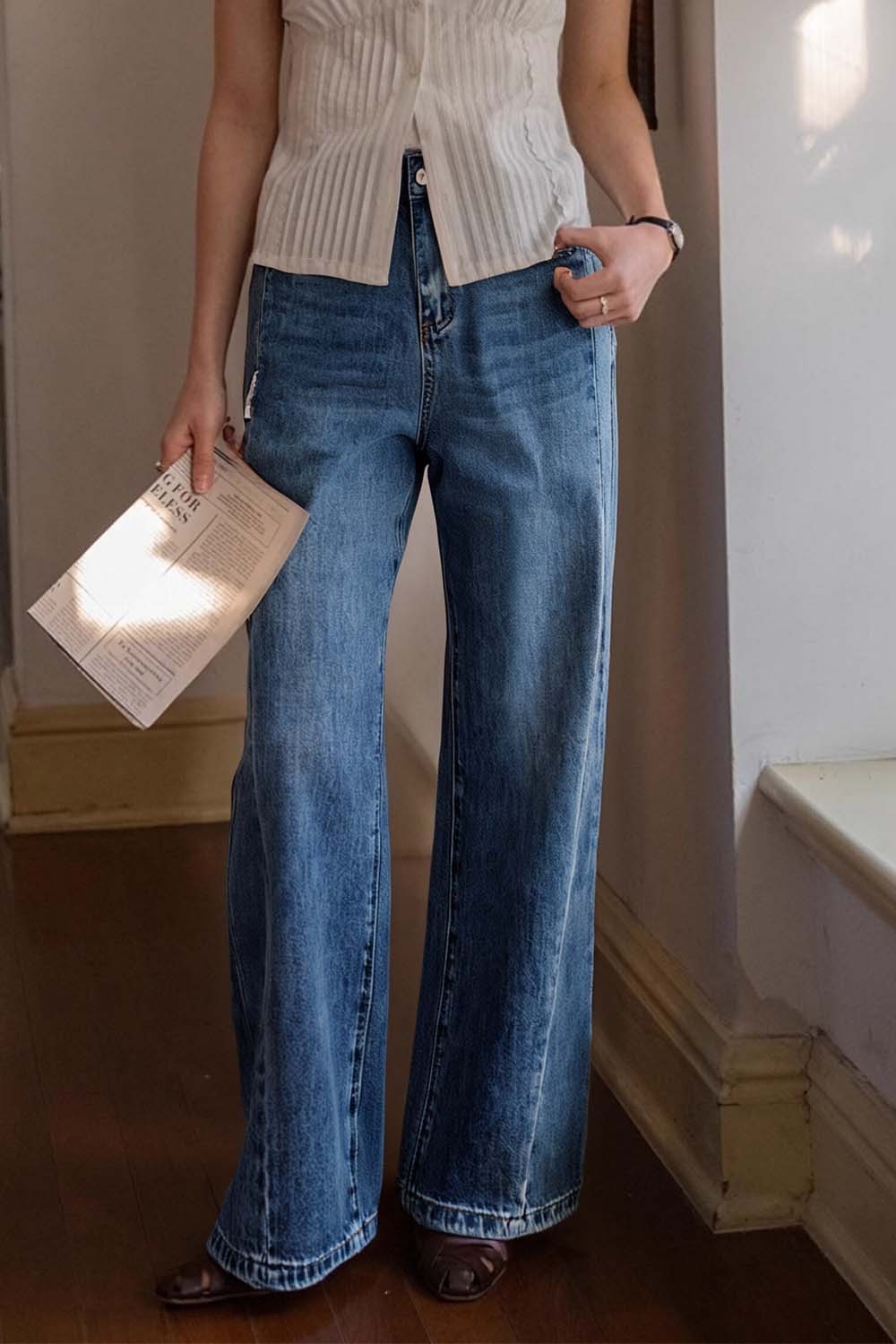 Dividing Line Decoration Denim Wide-Leg Pants