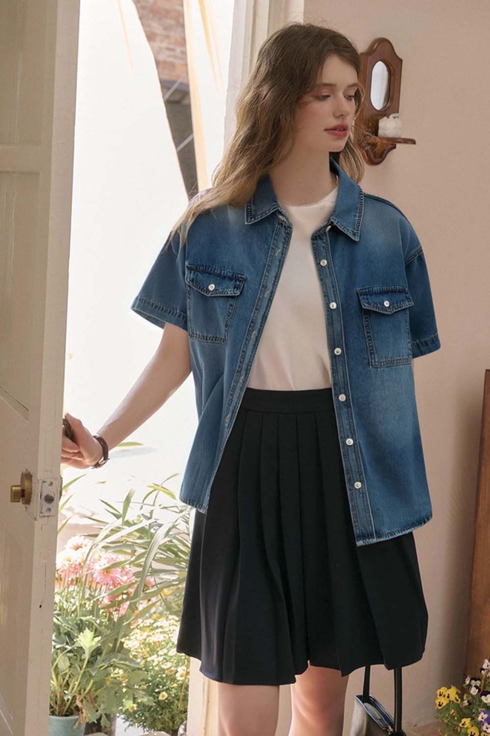 Lapel Cotton Denim Shirt