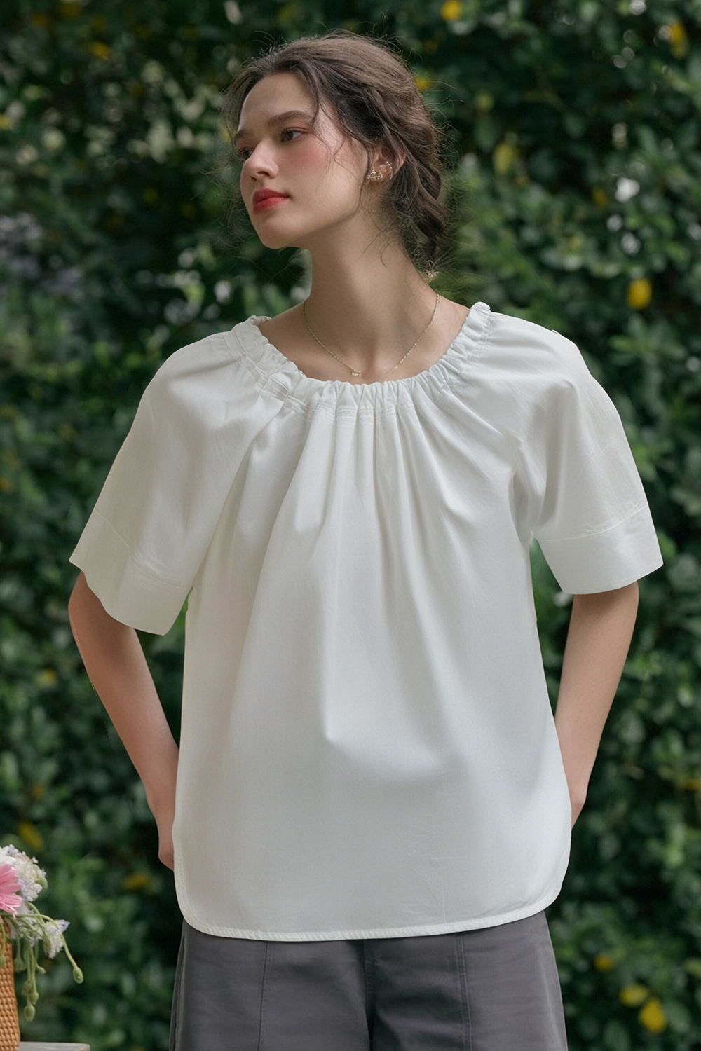 100% Cotton Ruffled Round Neck Shirt