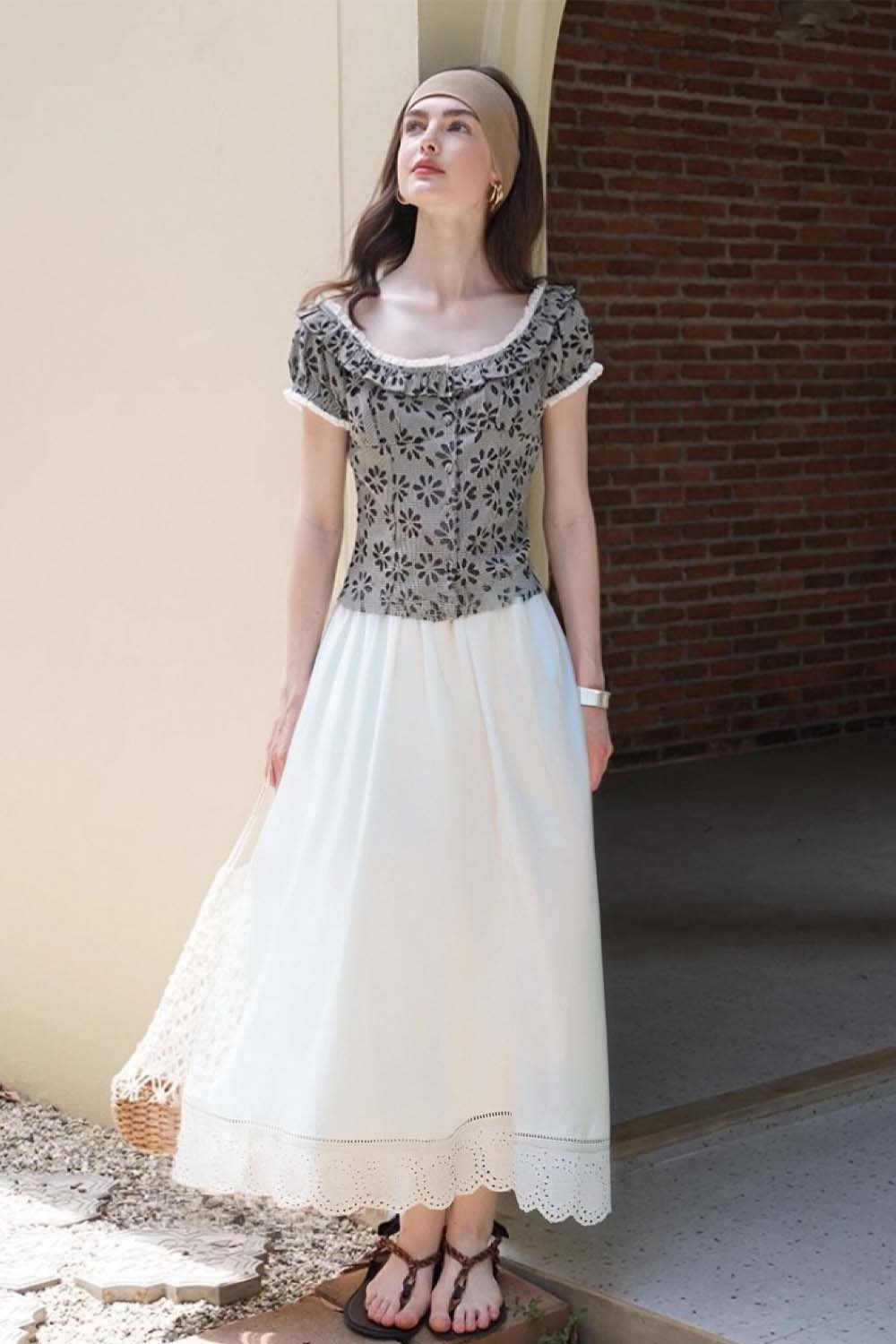 Lace-Edged White Long Skirt