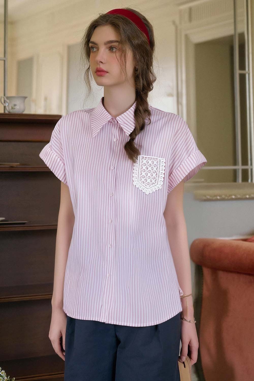 Lace Pocket Striped Shirt