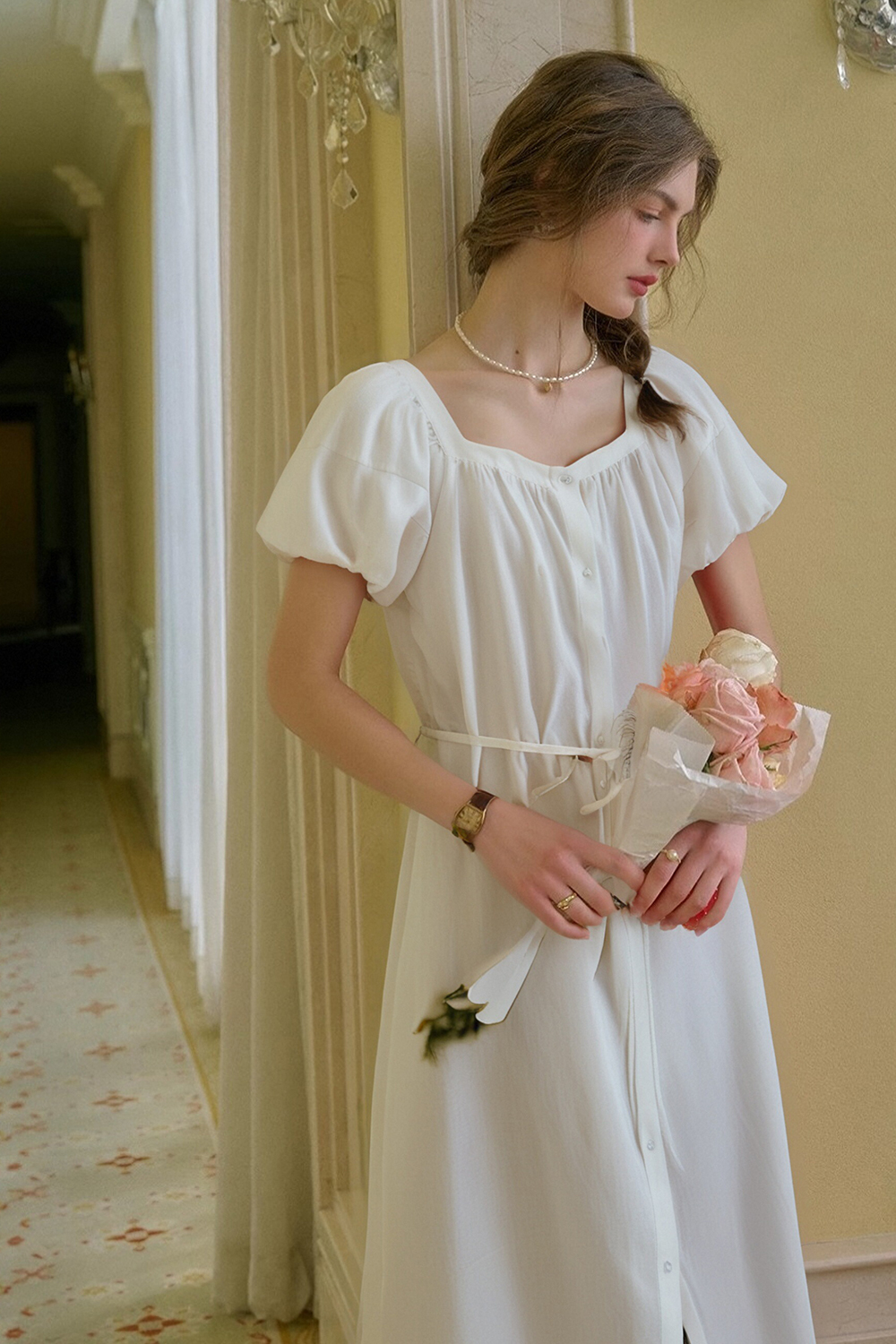 Cotton And Linen Blended Square Neck Dress