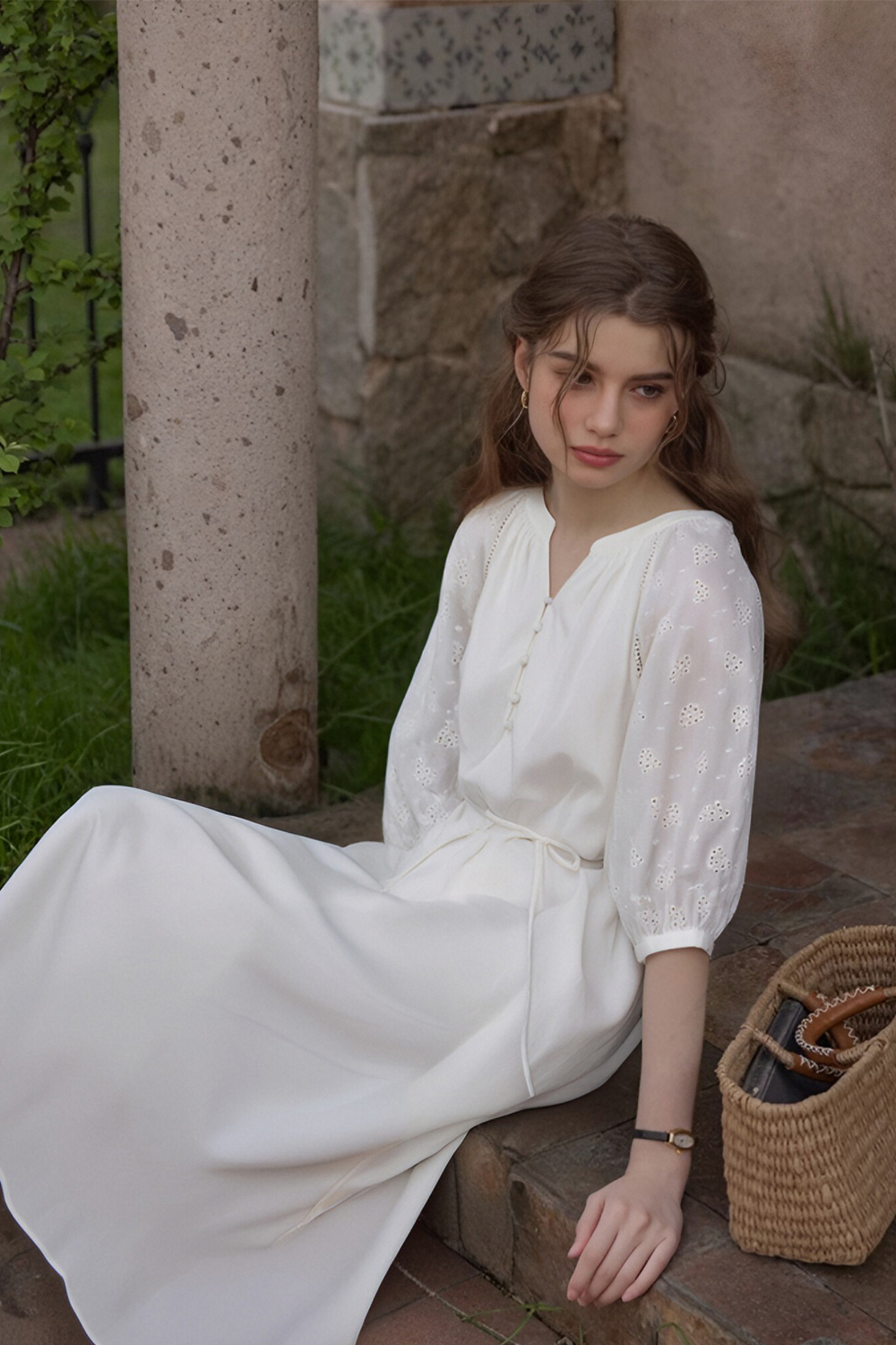 Cotton Lace-Up Straight Dress