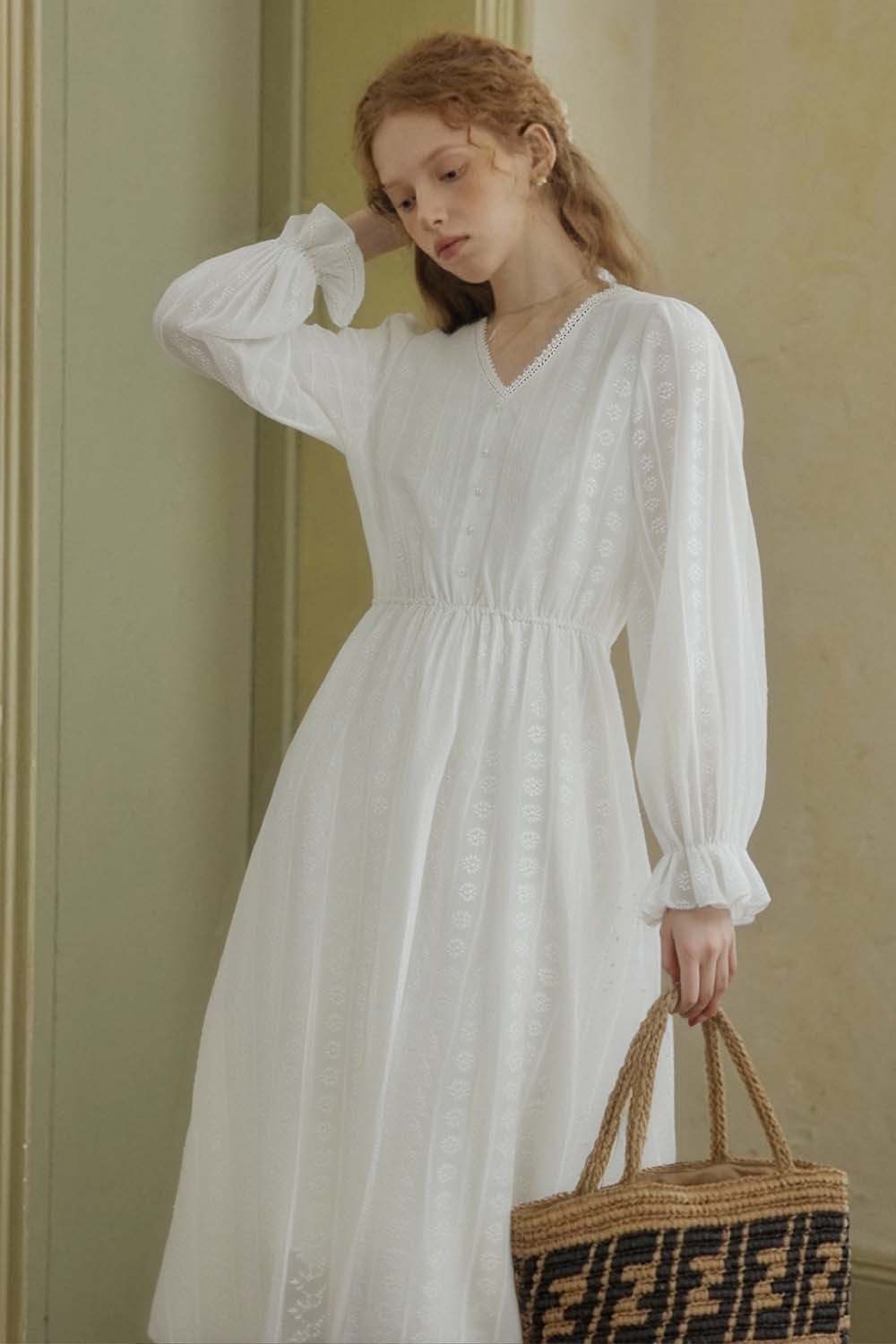 French Cotton Embroidered V-Neck Dress
