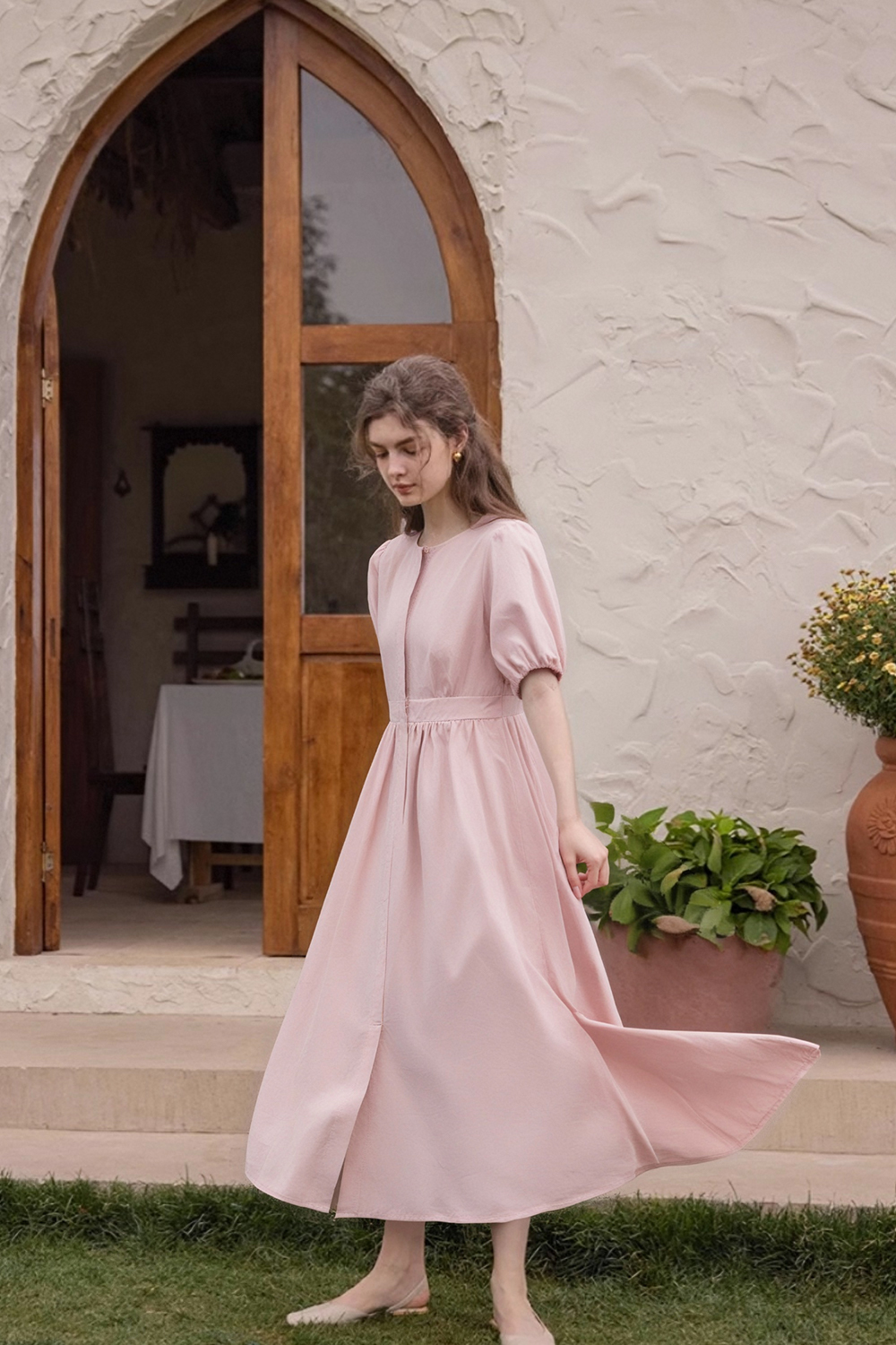 Cotton Round Neck Waist Dress