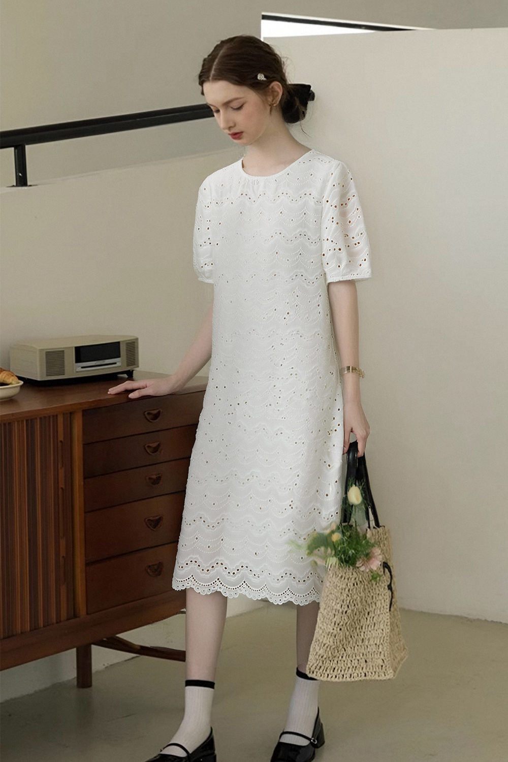 Wave Embroidered Hollow Dress