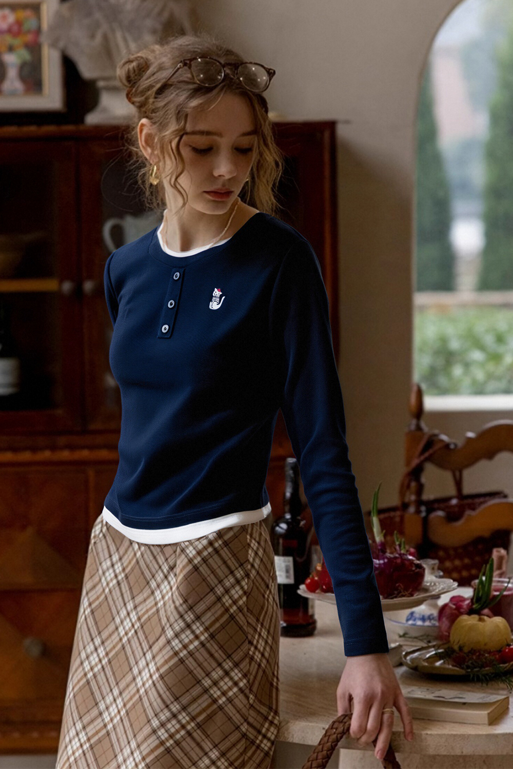Cat Embroidered Fake Two-Piece T-Shirt