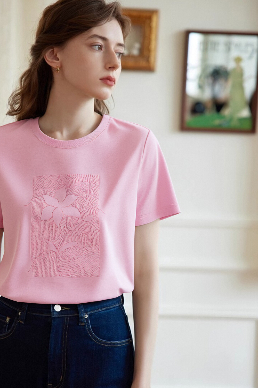 100% Cotton Flower Embroidered T-Shirt