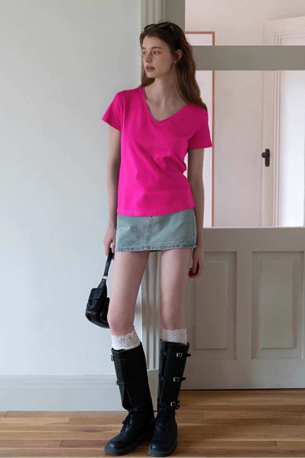 Pure Color V-Neck Casual T-Shirt