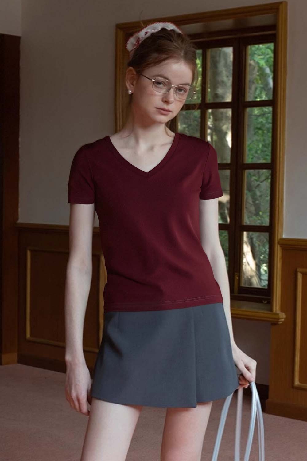 Pure Color V-Neck Casual T-Shirt