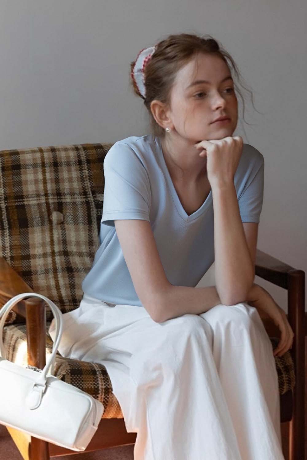 Pure Color V-Neck Casual T-Shirt