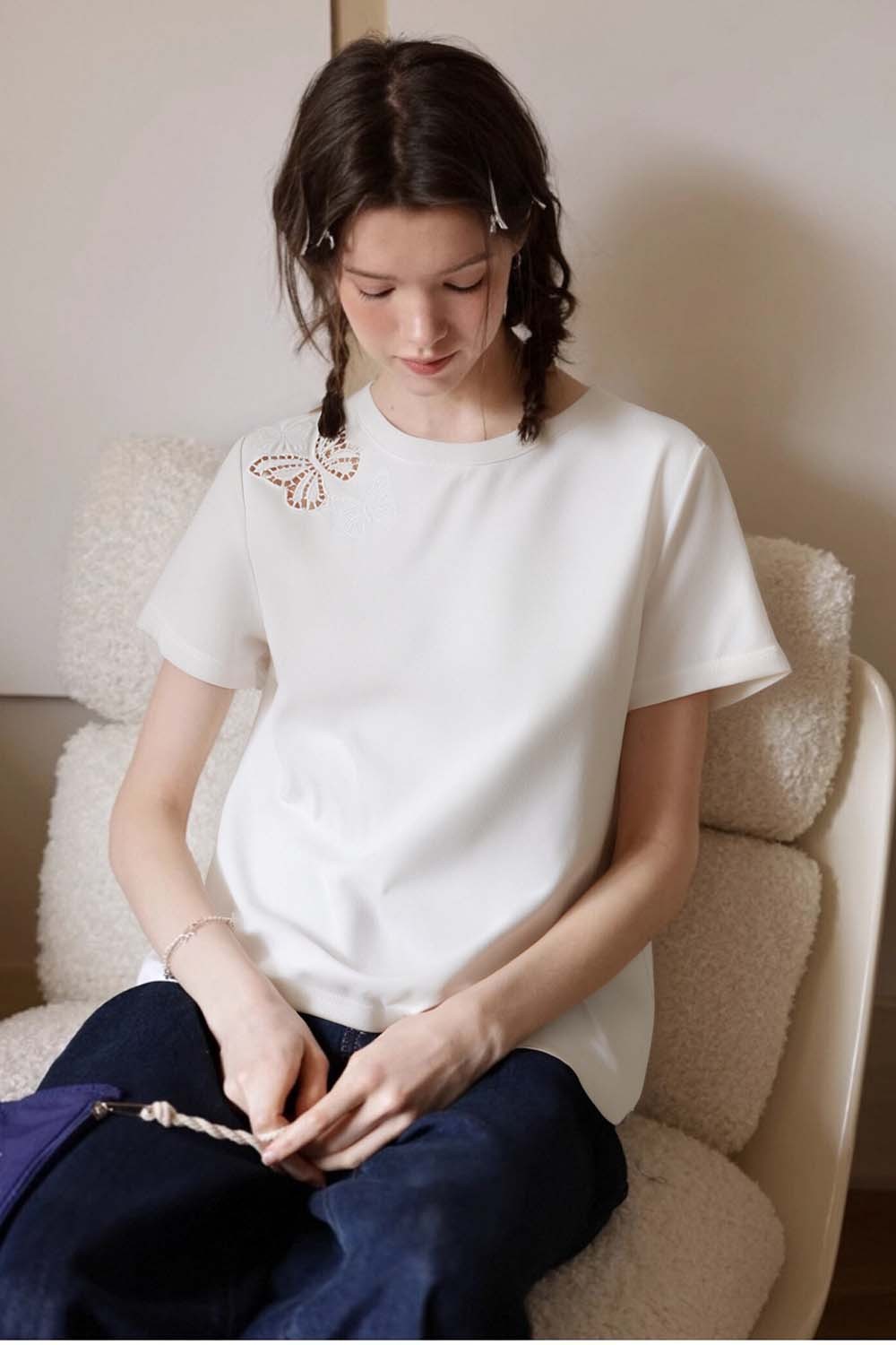 100% Cotton Butterfly Hollow T-Shirt