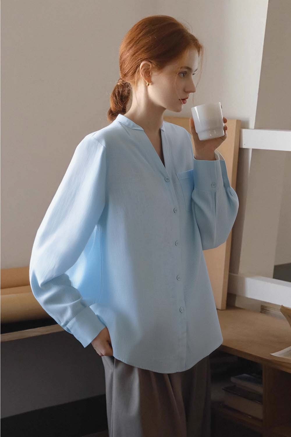 Ramie Blended Stand-Up Collar Patch Pocket Shirt