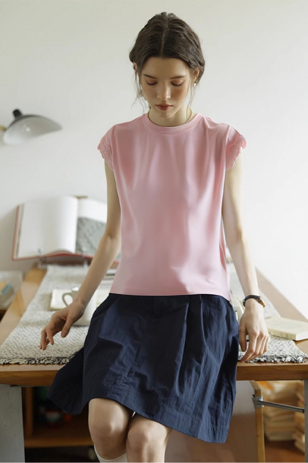 Lace Decoration Solid Color T-Shirt