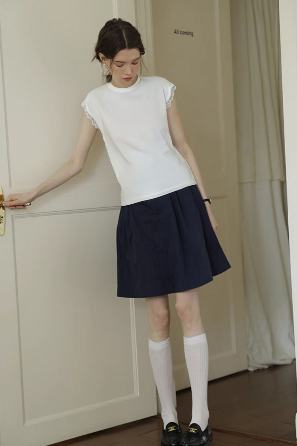 Lace Decoration Solid Color T-Shirt