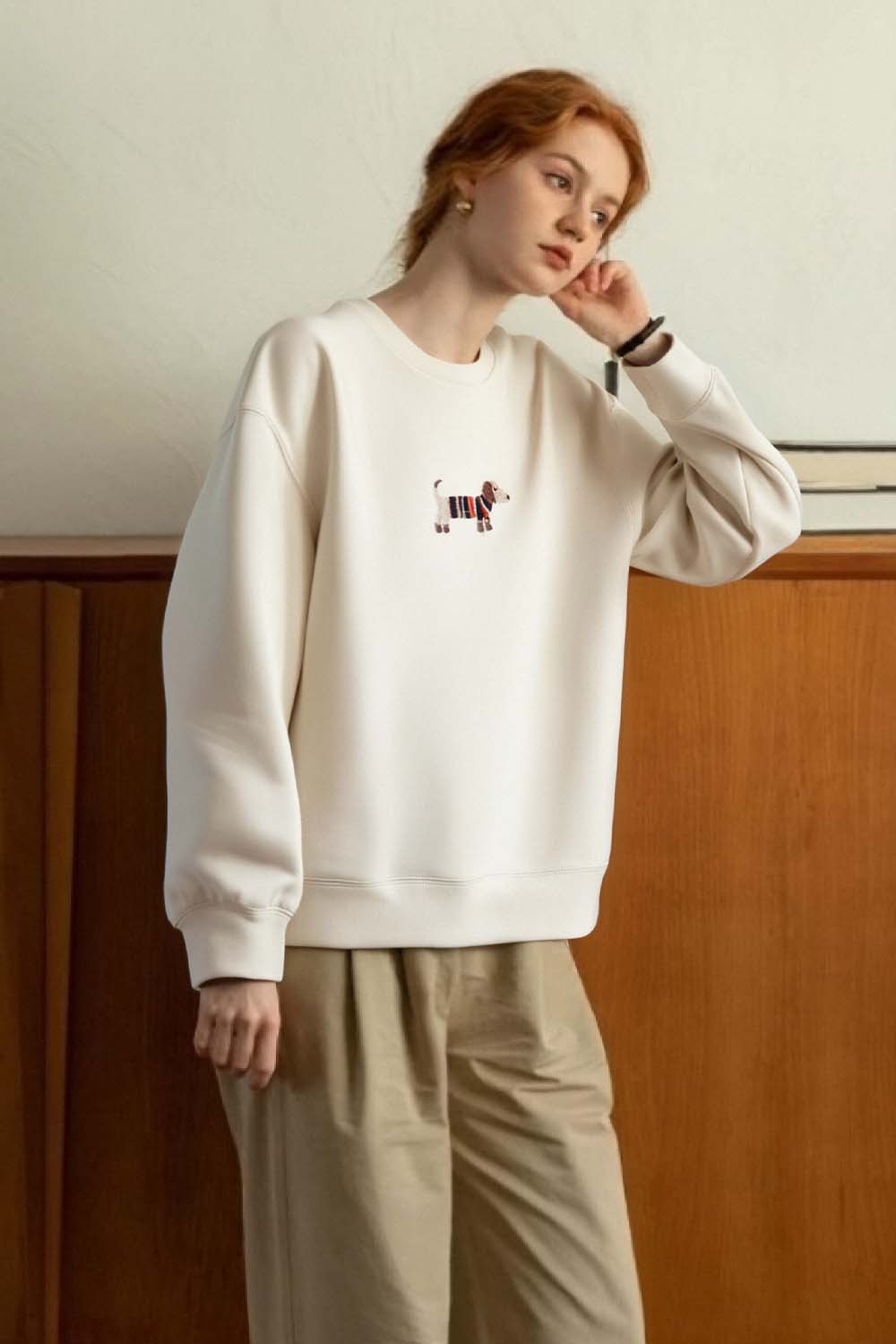 Dachshund Embroidered Round Neck Sweatshirt