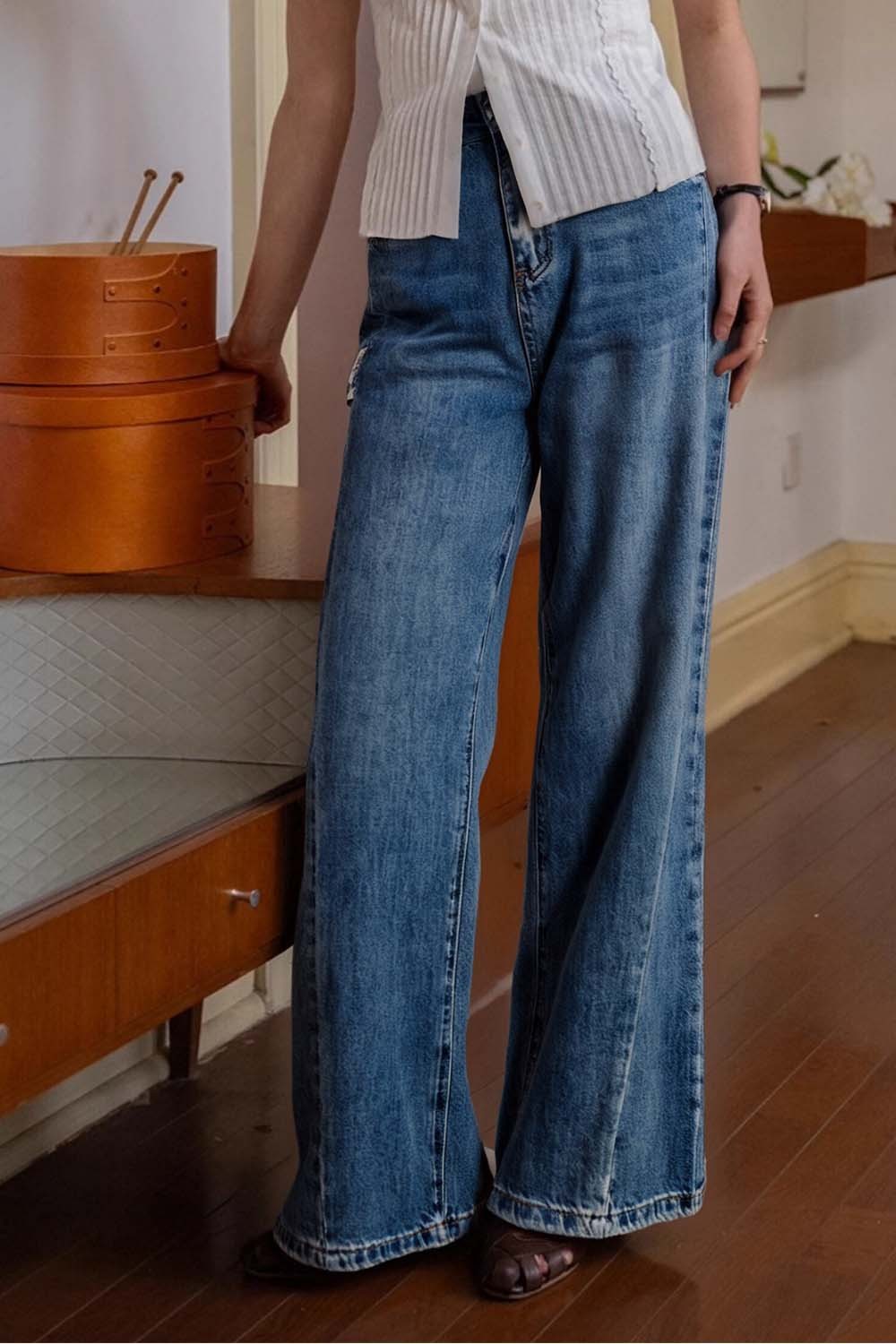 Dividing Line Decoration Denim Wide-Leg Pants