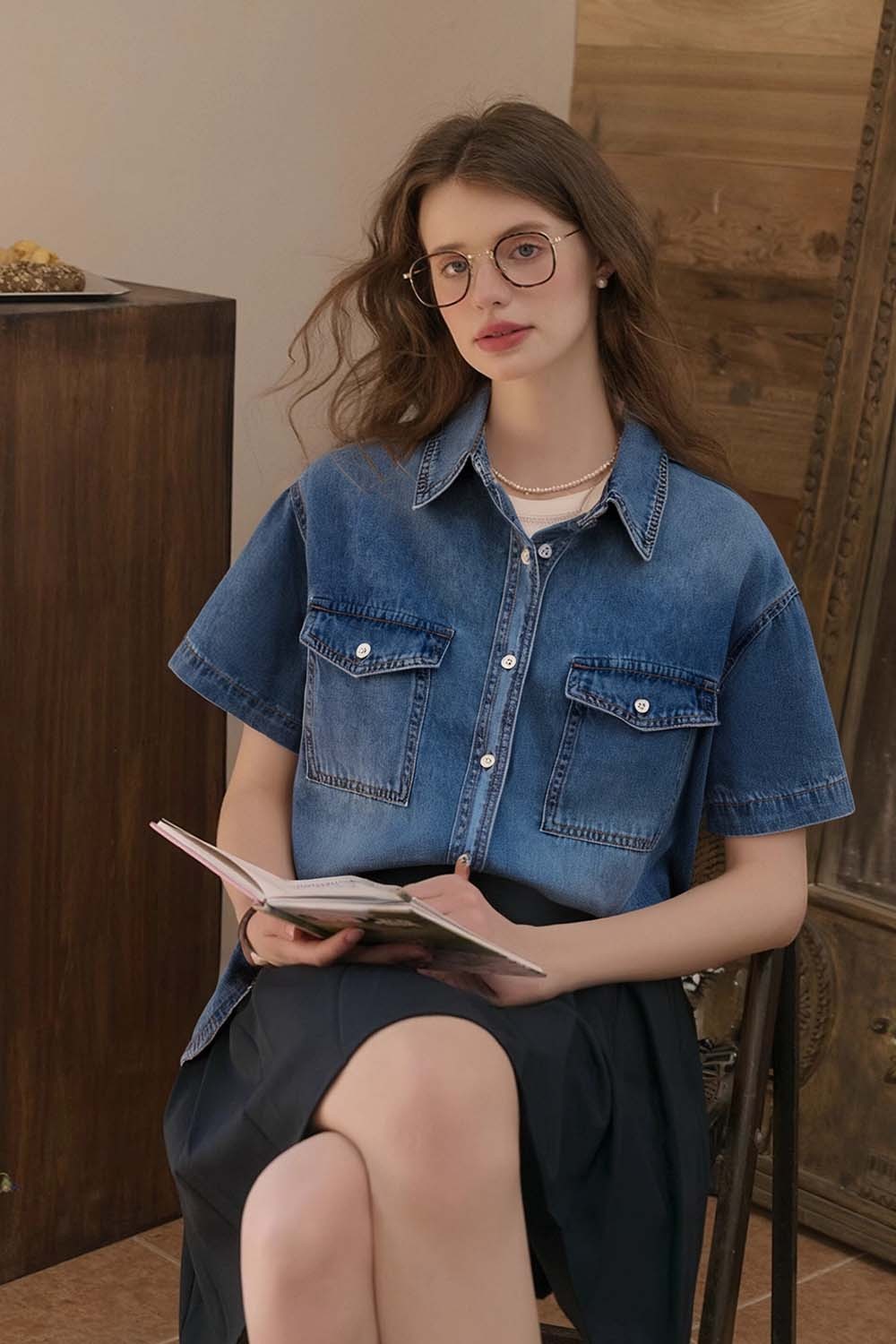 Lapel Cotton Denim Shirt