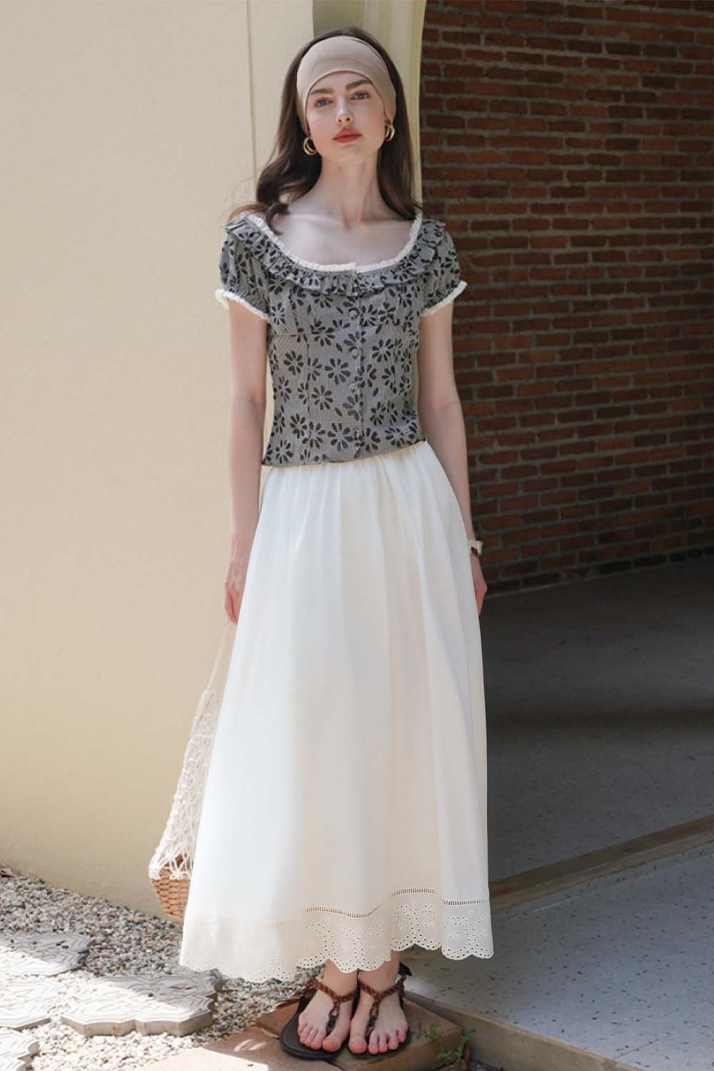 Lace-Edged White Long Skirt