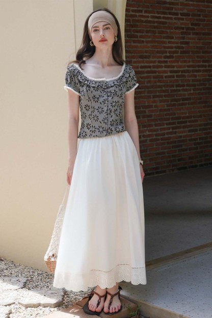 Lace-Edged White Long Skirt