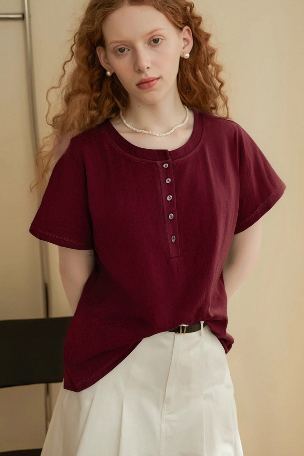 Round Neck Slit Solid Color T-Shirt