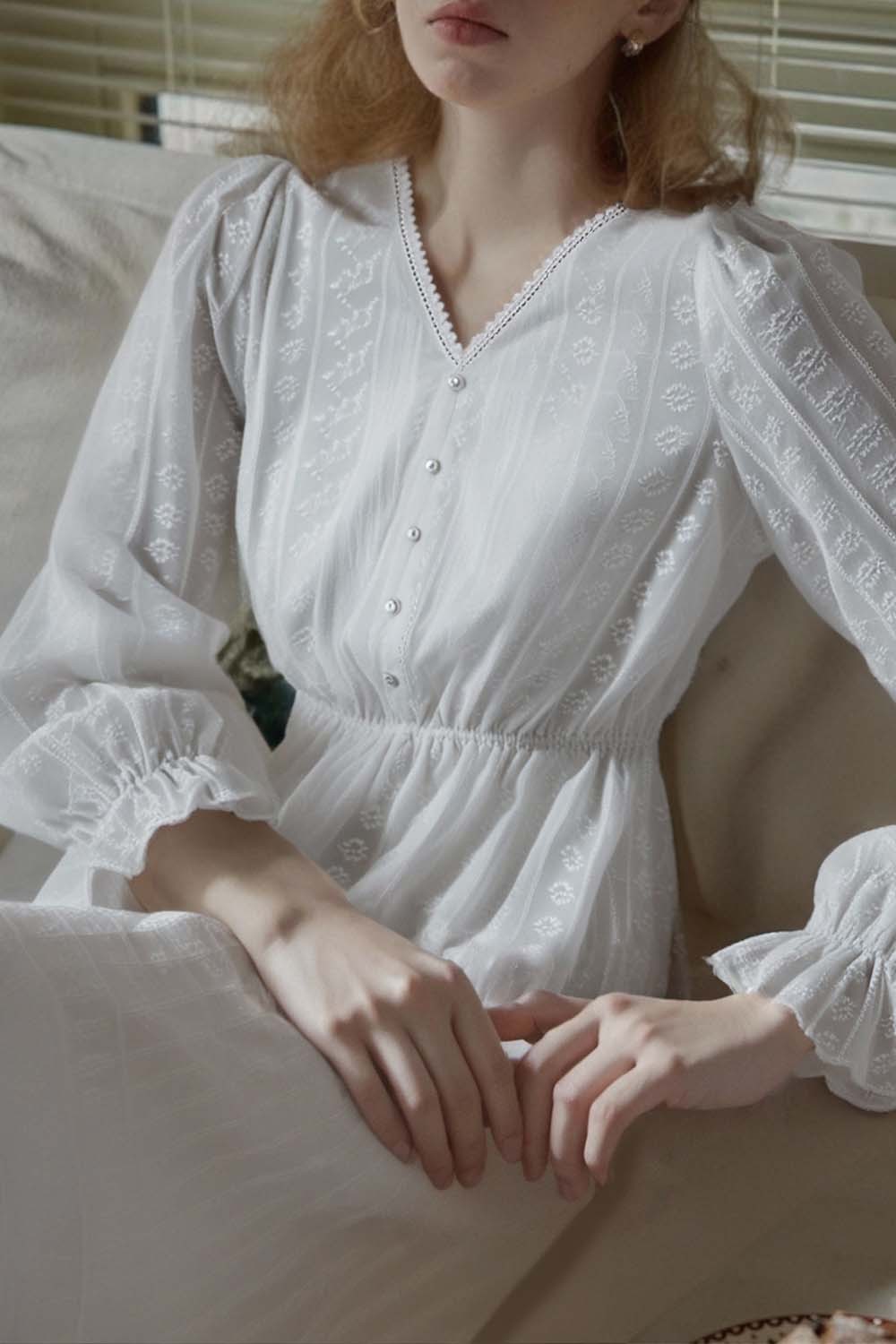 French Cotton Embroidered V-Neck Dress