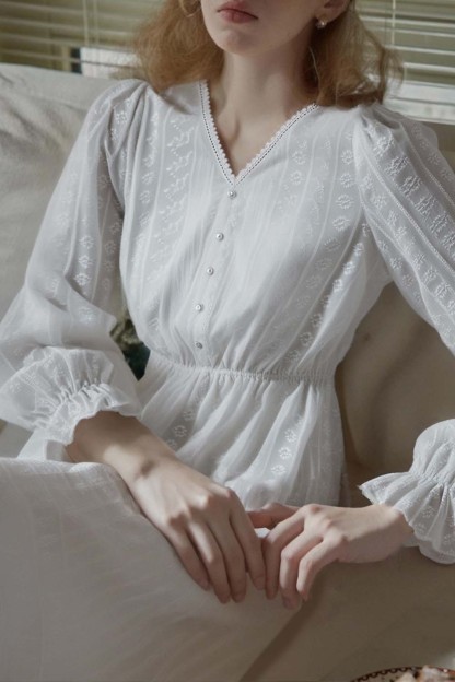 French Cotton Embroidered V-Neck Dress