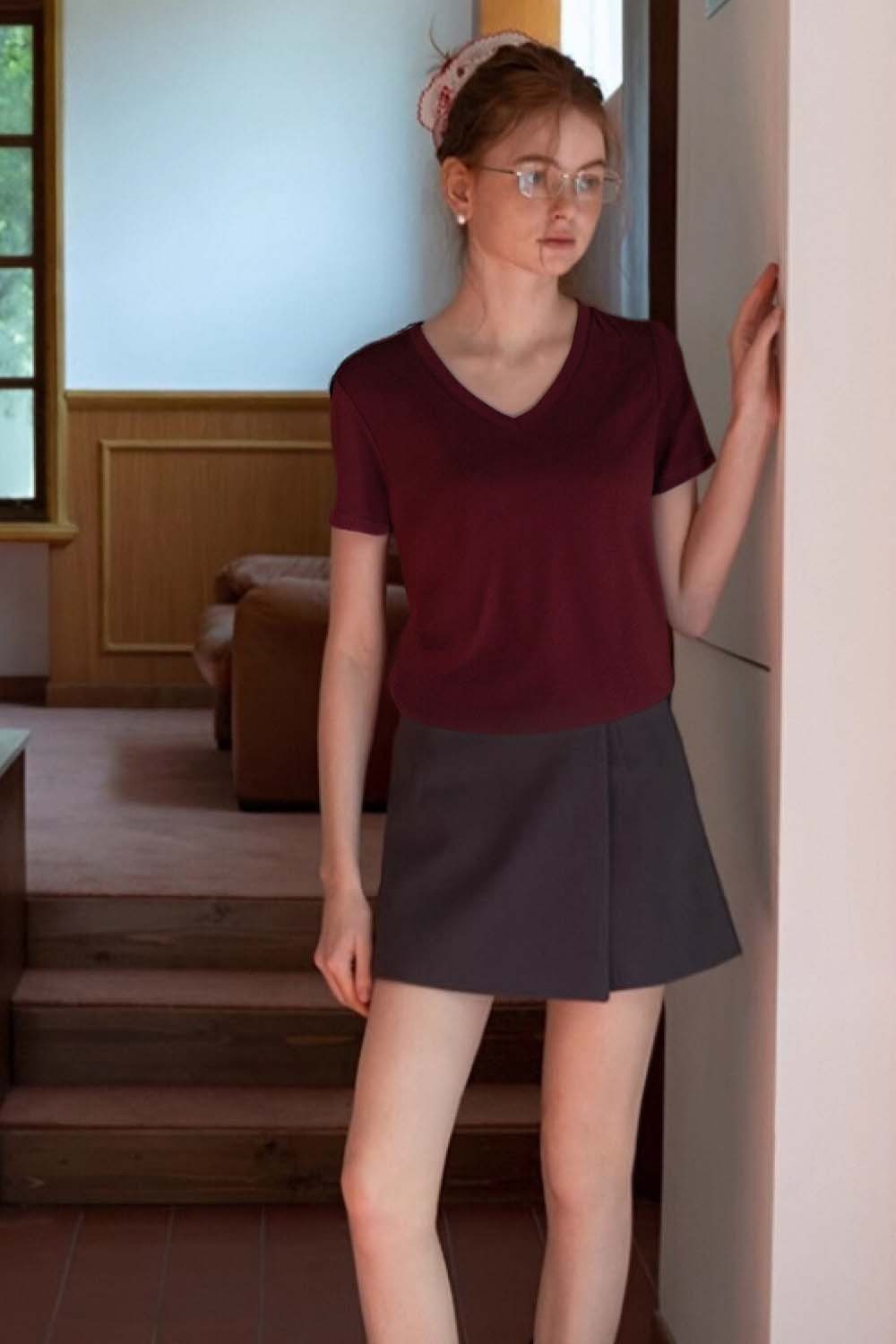 Pure Color V-Neck Casual T-Shirt