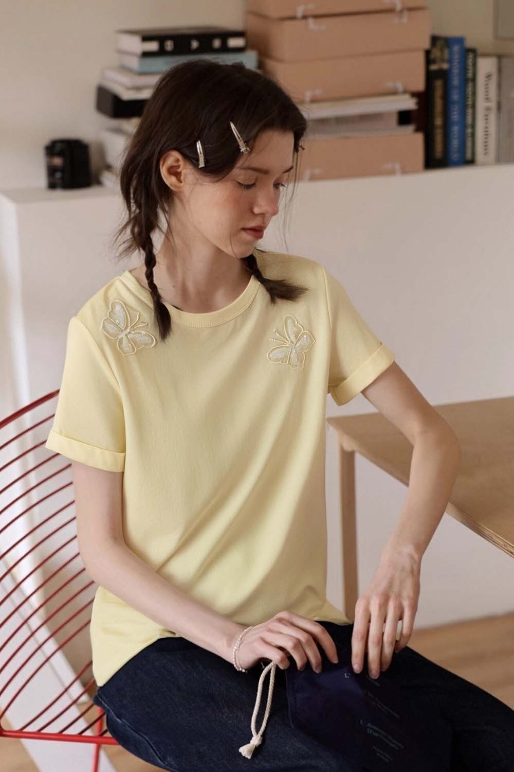 Lace Butterfly Solid Color T-Shirt