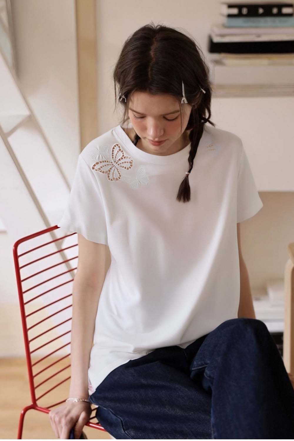 100% Cotton Butterfly Hollow T-Shirt