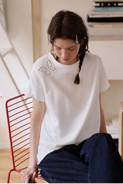 100% Cotton Butterfly Hollow T-Shirt