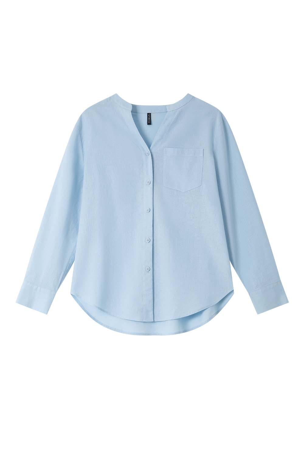 Ramie Blended Stand-Up Collar Patch Pocket Shirt