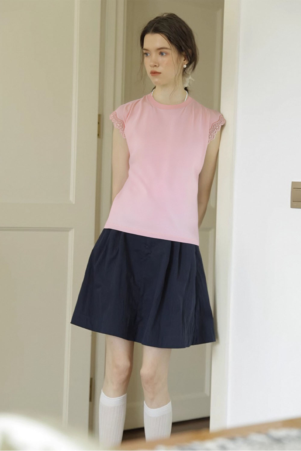 Lace Decoration Solid Color T-Shirt