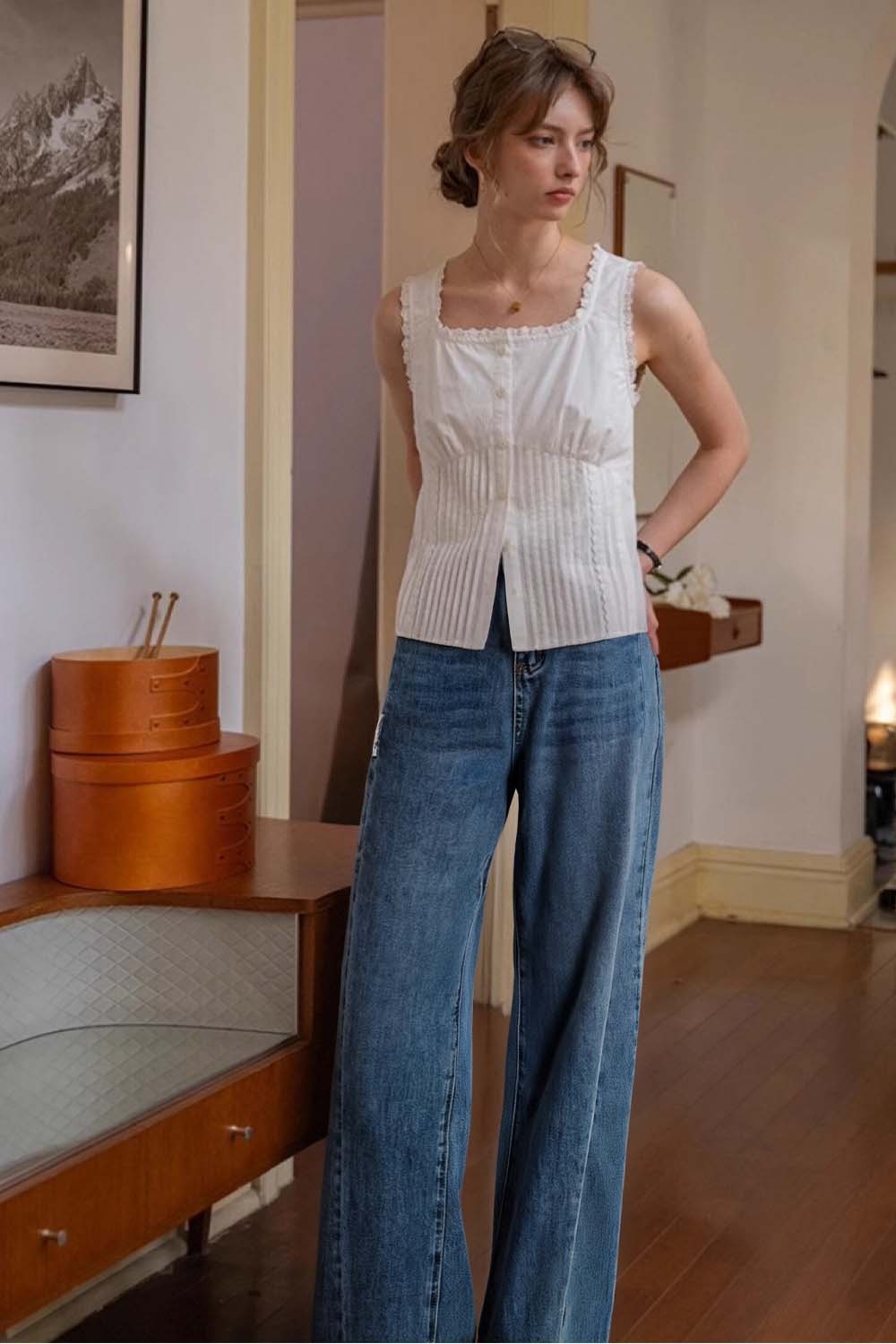Dividing Line Decoration Denim Wide-Leg Pants