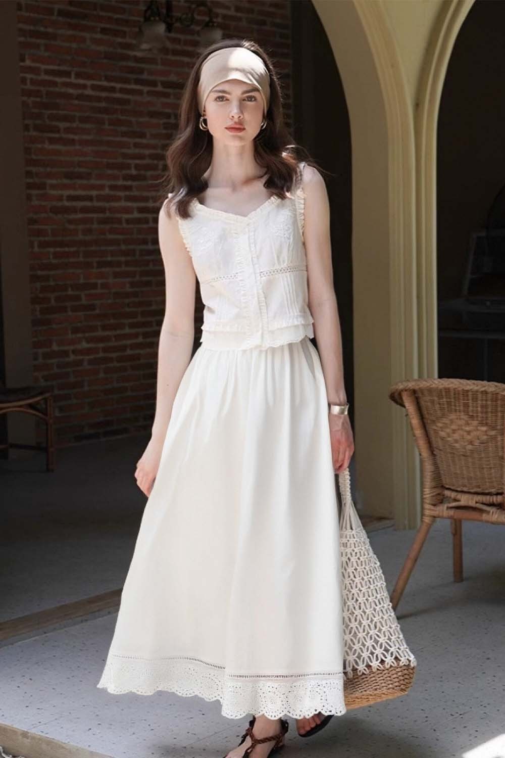 Lace-Edged White Long Skirt