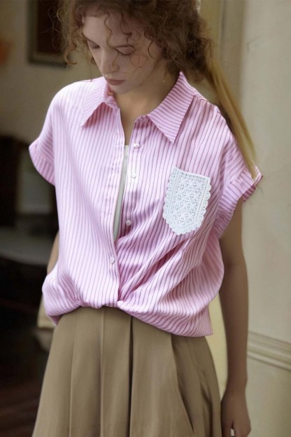 Lace Pocket Striped Shirt