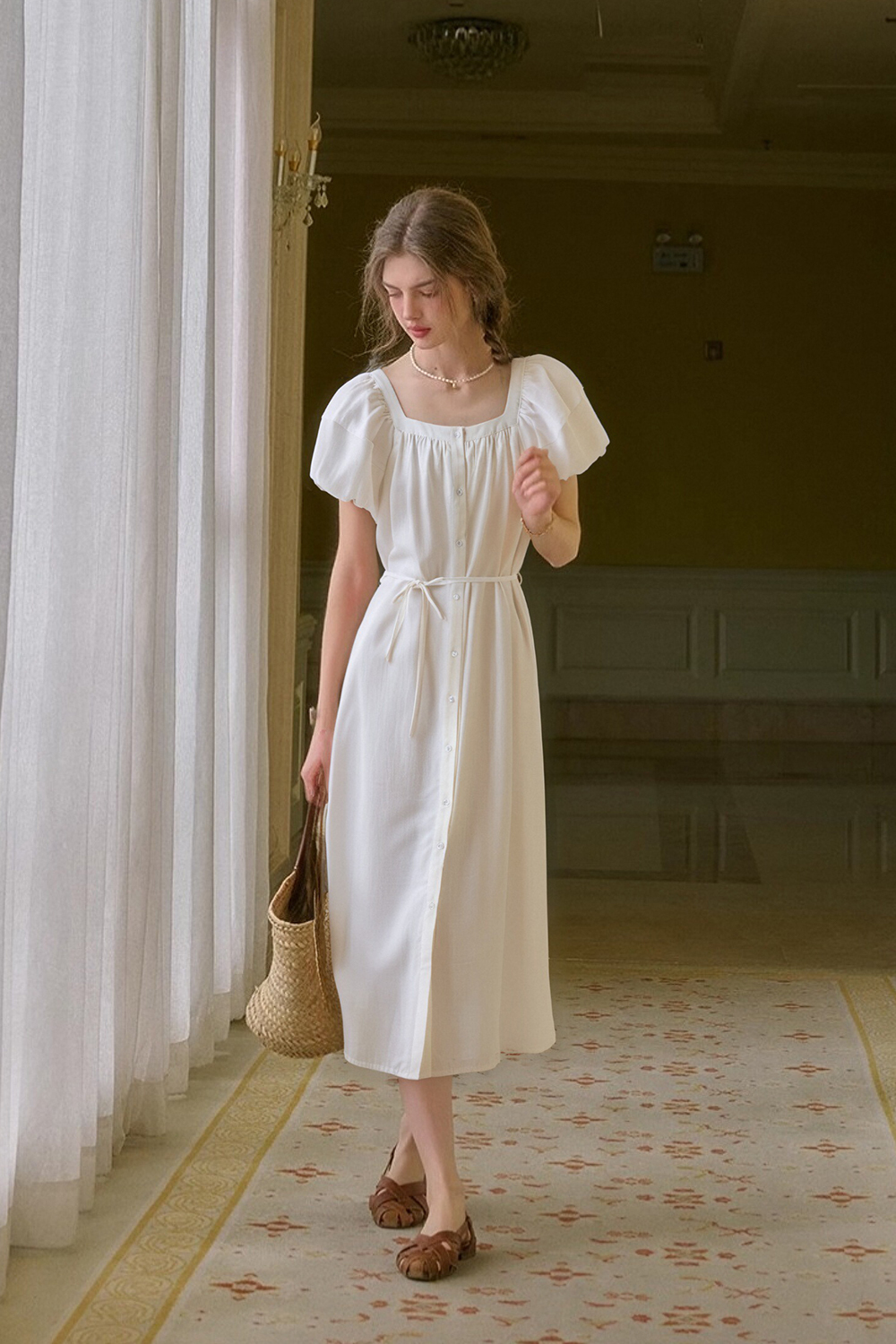 Cotton And Linen Blended Square Neck Dress