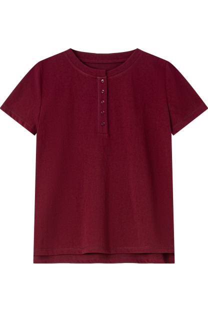 Round Neck Slit Solid Color T-Shirt