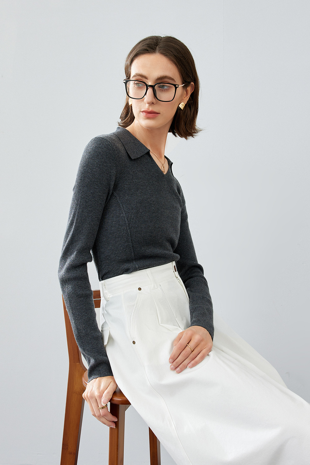 Polo Collar Cinched Waist Knit Sweater