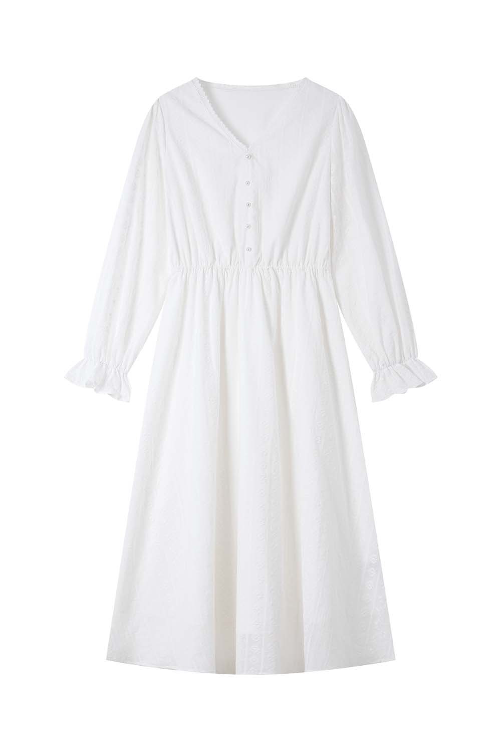 French Cotton Embroidered V-Neck Dress
