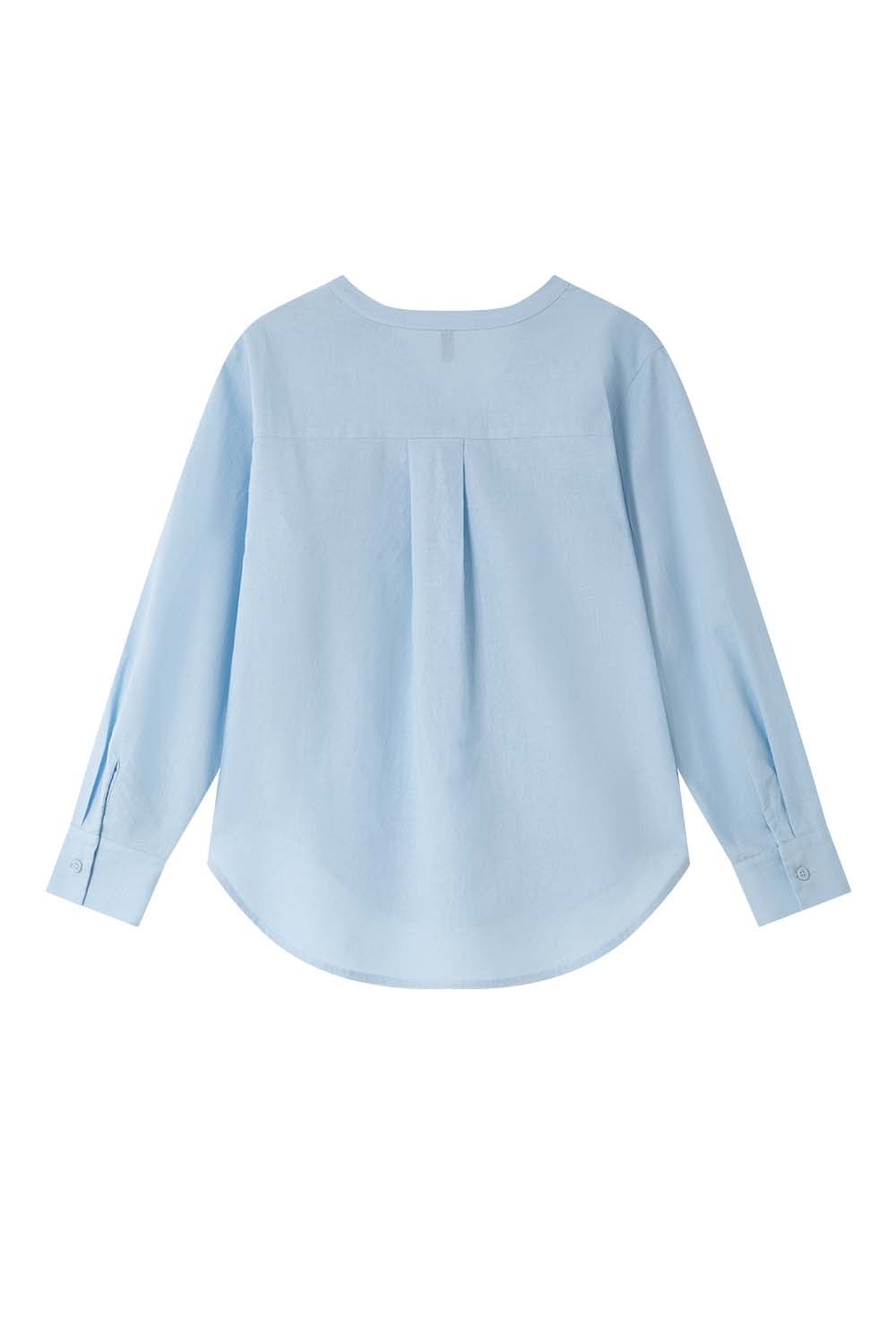 Ramie Blended Stand-Up Collar Patch Pocket Shirt