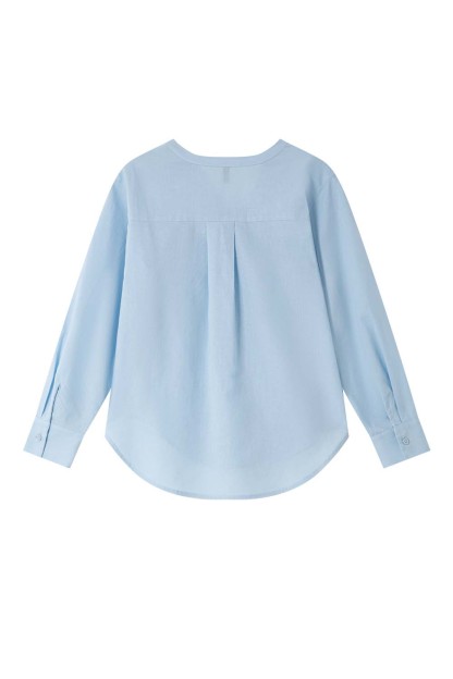 Ramie Blended Stand-Up Collar Patch Pocket Shirt