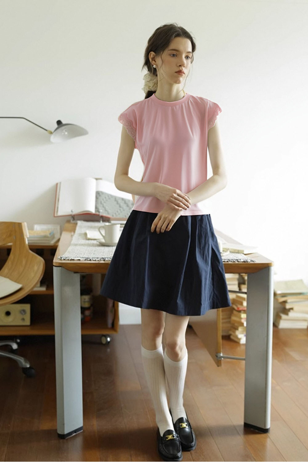 Lace Decoration Solid Color T-Shirt