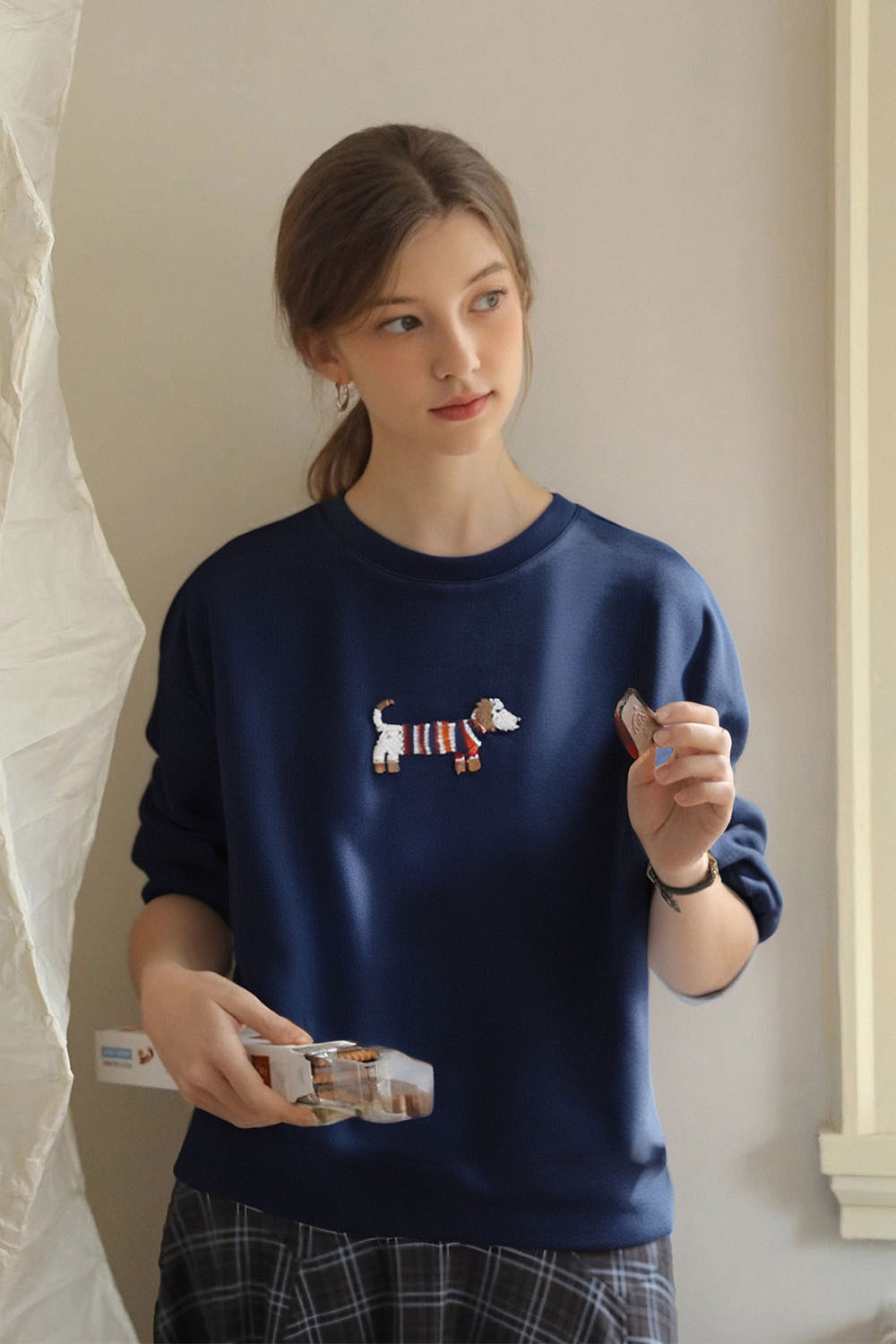 Dachshund Embroidered Round Neck Sweatshirt