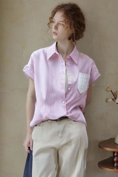Lace Pocket Striped Shirt