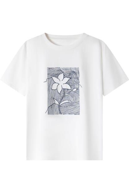 100% Cotton Flower Embroidered T-Shirt