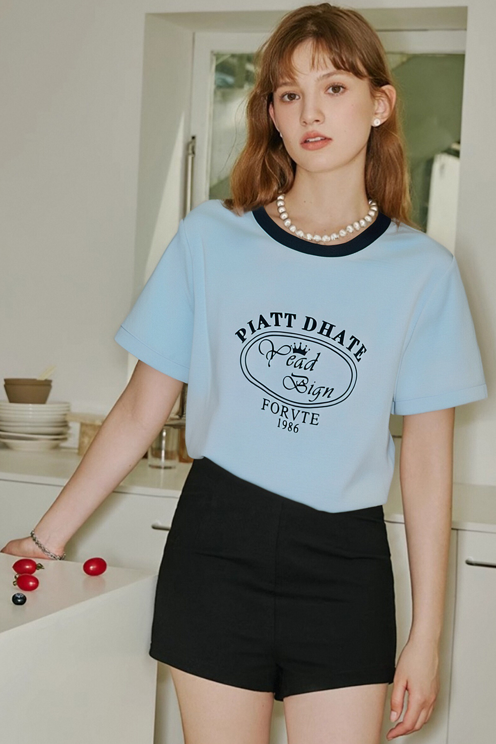 Round Neck Printed Decorative Straight T-Shirt