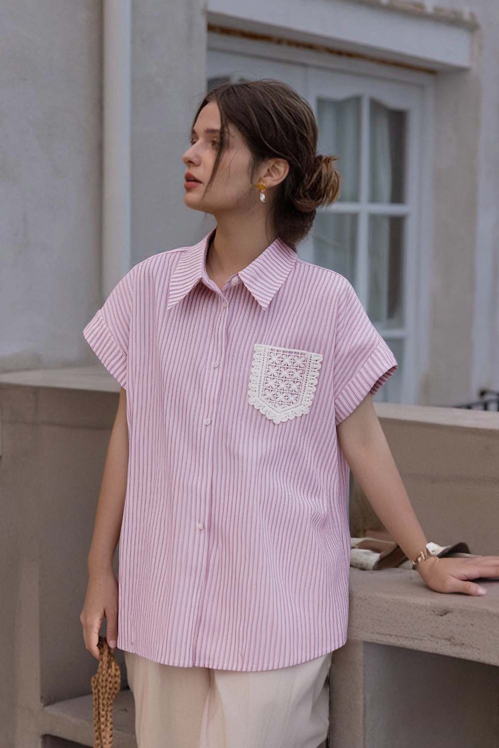 Lace Pocket Striped Shirt