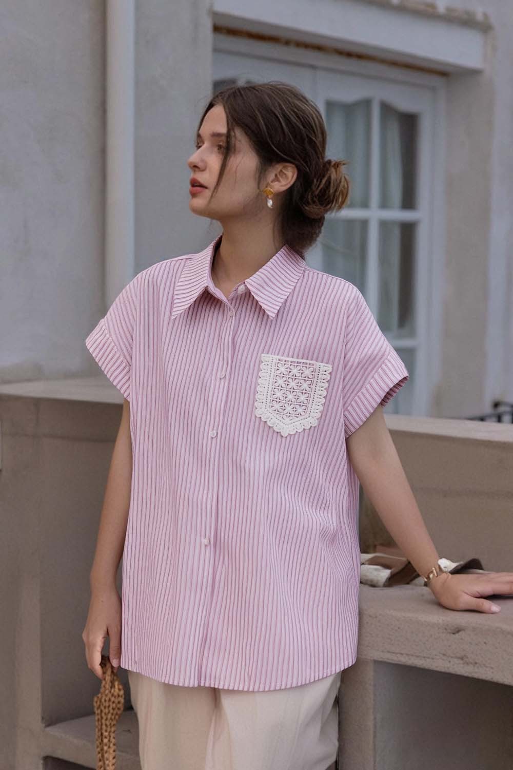 Lace Pocket Striped Shirt