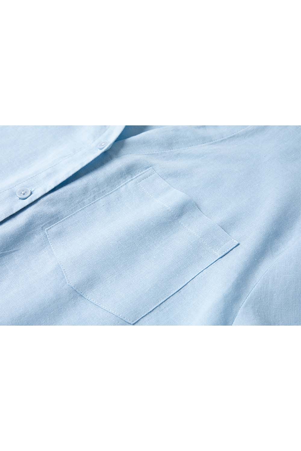 Ramie Blended Stand-Up Collar Patch Pocket Shirt